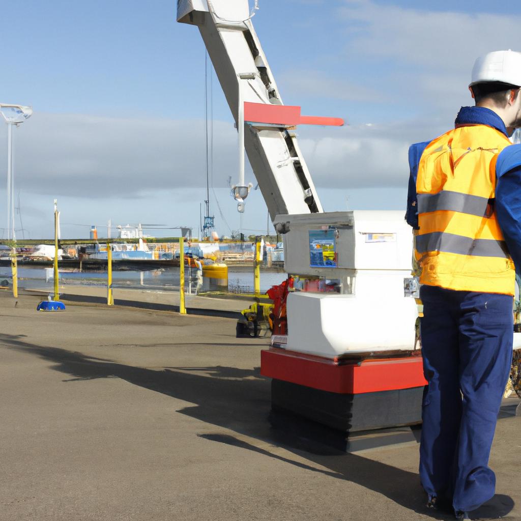 Person inspecting port maintenance equipment